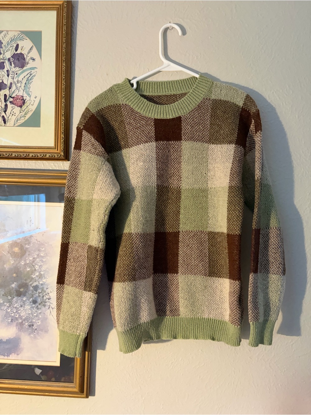 Plaid Crewneck Sweater in Green and Brown
